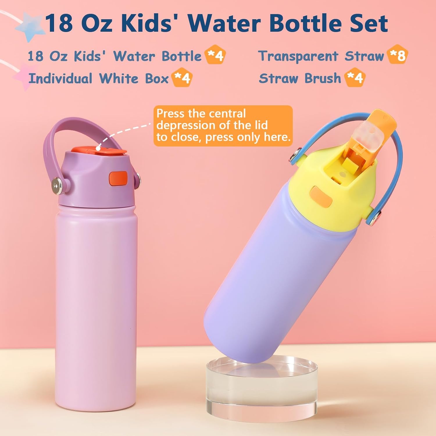 4 PACK 18 OZ Water Bottle for Kids, Stainless Steel Double Insulated Sports Water Bottle, Leak Proof Straw Cup for School, Gifts, Travel, BPA Free (Mixed Color)