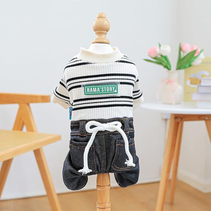 Jumpsuit de Jean para Perro Pequeño con Camisa a Rayas miniatura 6