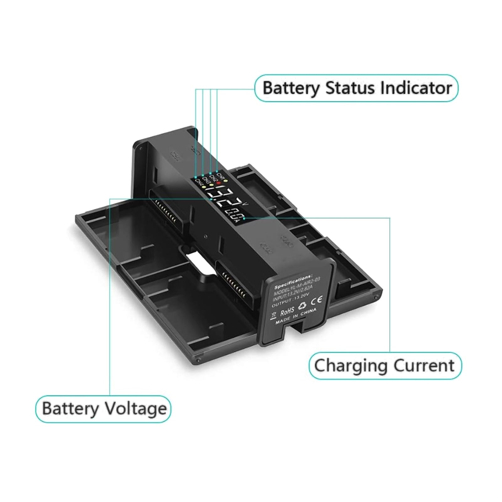 Hub de Carga de Batería Plegable para Drones, Cargador Múltiple Portátil con Pantalla Digital para Air 2S, Air 2, Negro, 1 Unidad