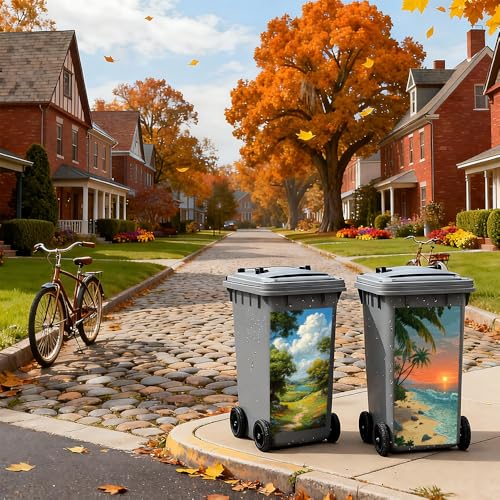 Image of 2 PC Trash Can Sticker 14.57 x 32.28 Inch Nature Landscape Design Vinyl Sticker with Sunset Beach Palm and Mountain Valley Path Pattern for Outdoor Garbage Bin Garden Yard Driveway Home Decor