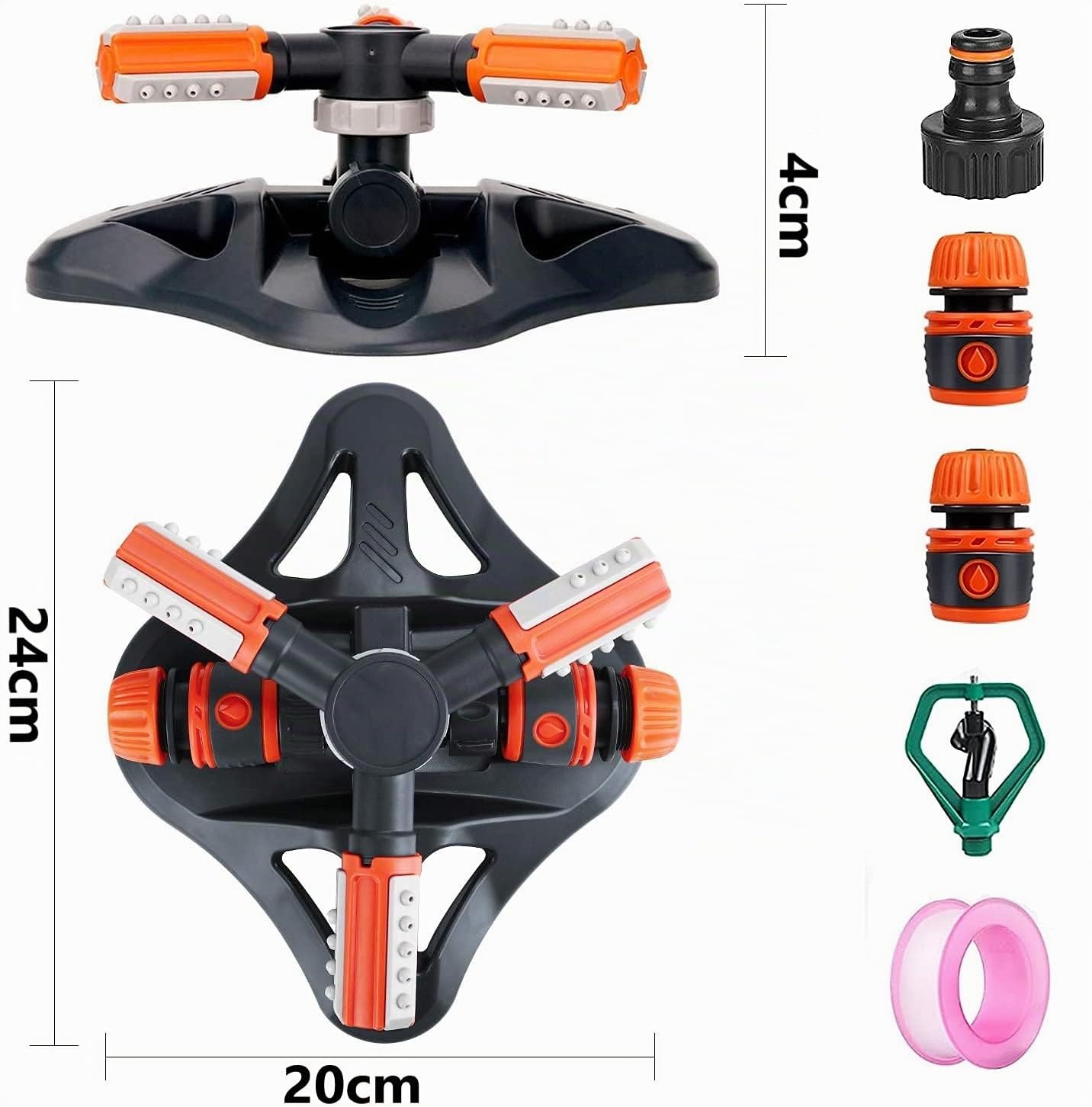 KAHEIGN Rociador De Jardín, 3 Brazos 360° Rotación Automática Ajustable Aspersores De Agua Para Jardín Sistema De Riego De Césped Para Garden Park Yard - Con Conectores Rápidos Y Cabezal De Rociador