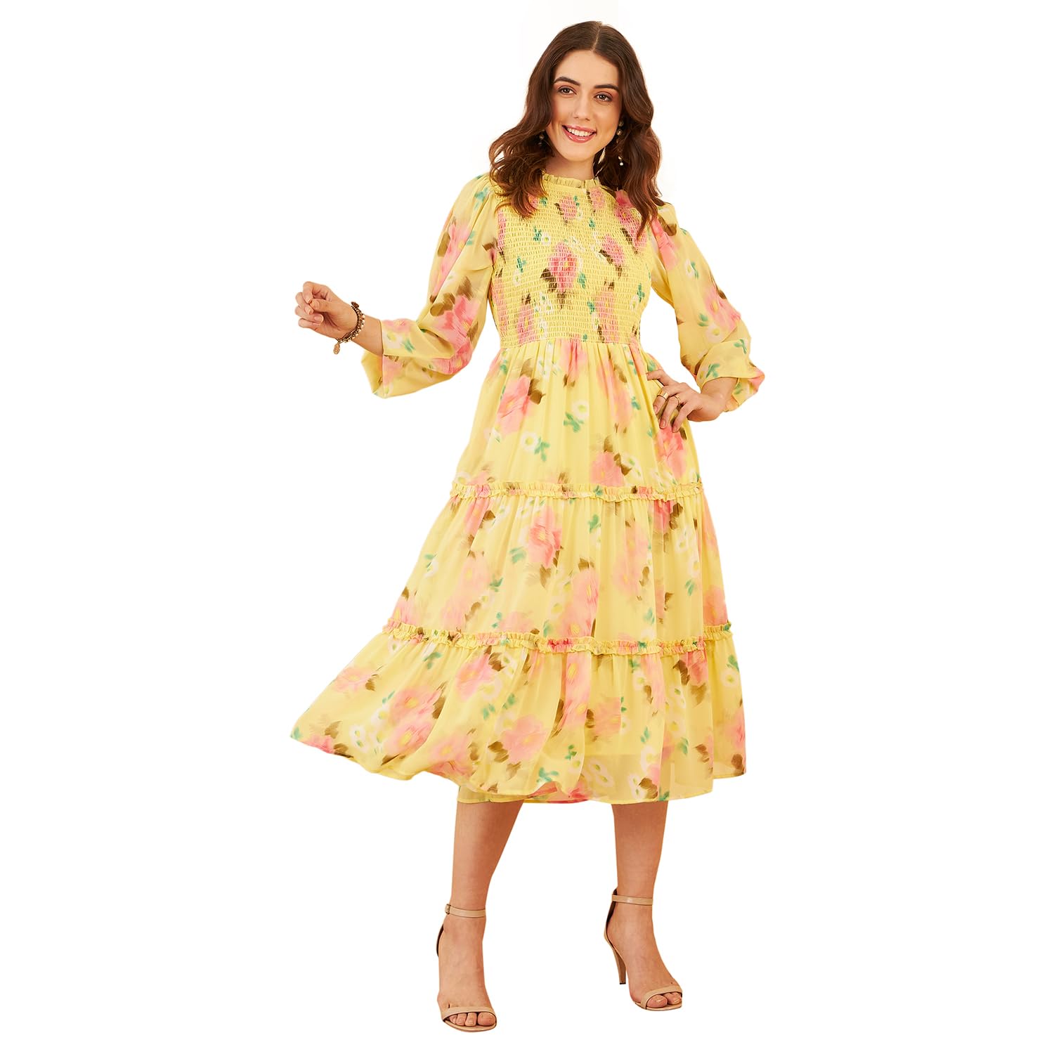 Rare Women's Georgette Fit And Flare Midi Dress (Ep7537E_Yellow