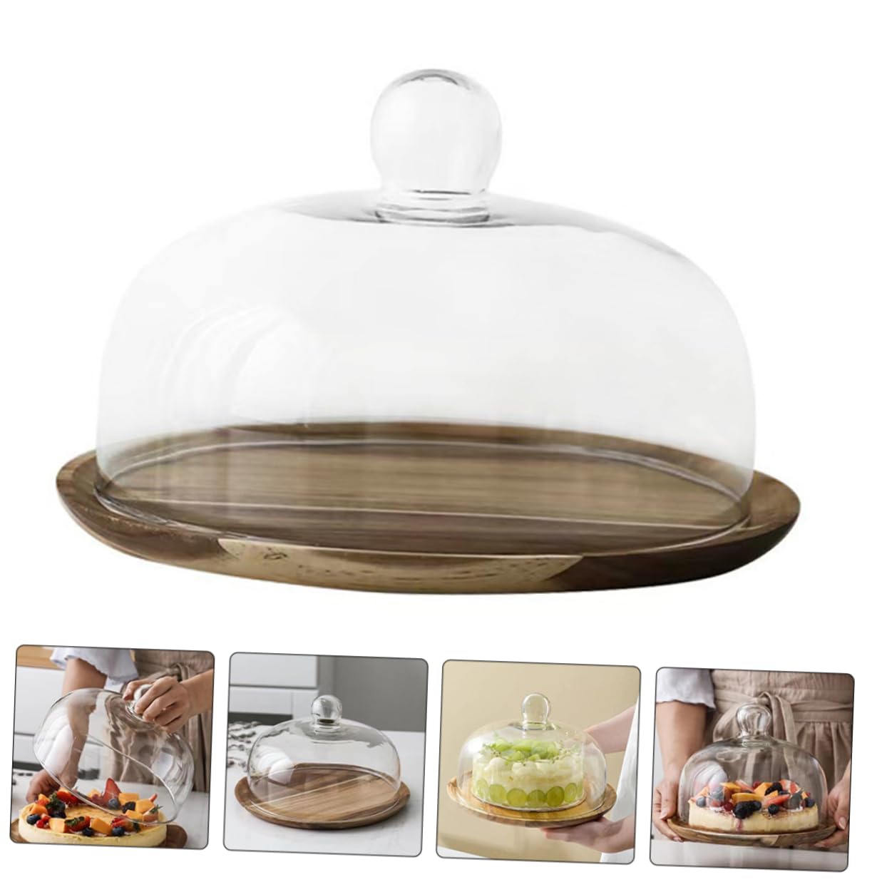 Porta torta in vetro con copertura a cupola per servire piatti per torte, server Cloche cupcake dessert vassoio in legno supporto espositore vassoio stand 18 x 18 x 14 cm