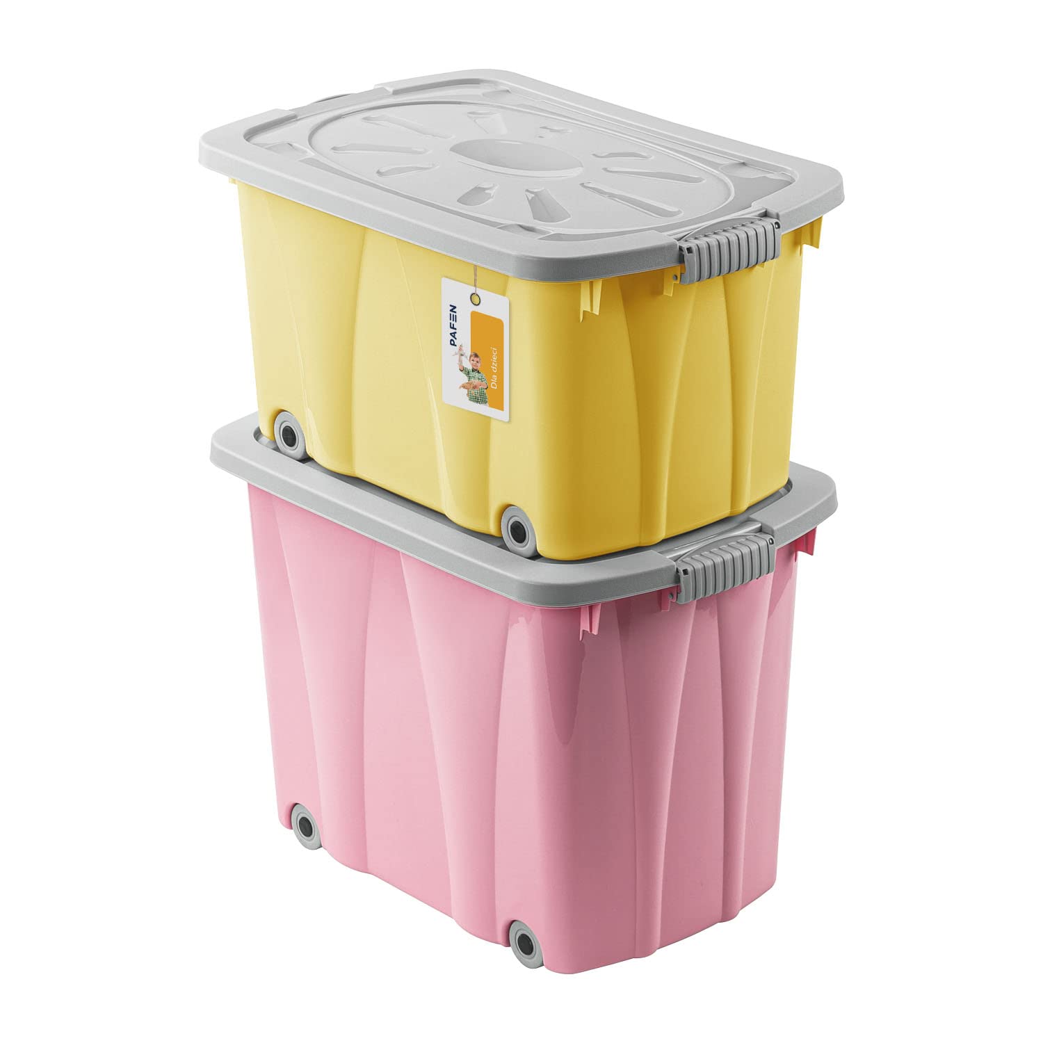 PAFEN Piraten Spielzeugkisten SET – 2x Schatzkiste 49l + 62l mit Rollen - Spielzeugbehälter Aufbewahrungsbox für Kinder Ordnungsbox, Rosa/Gelb