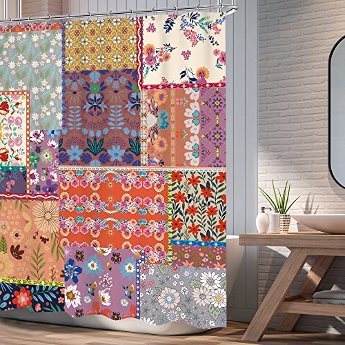 Ufeela Boho Patchwork Bohemian Shower Curtain 60Wx72L Inch Colorful Vintage Floral Flower Leaves Plant Shower Curtain Bathroom Set Spring Botanical Retro Bath Curtain Bathtub Accessories Home Decor #TOP2