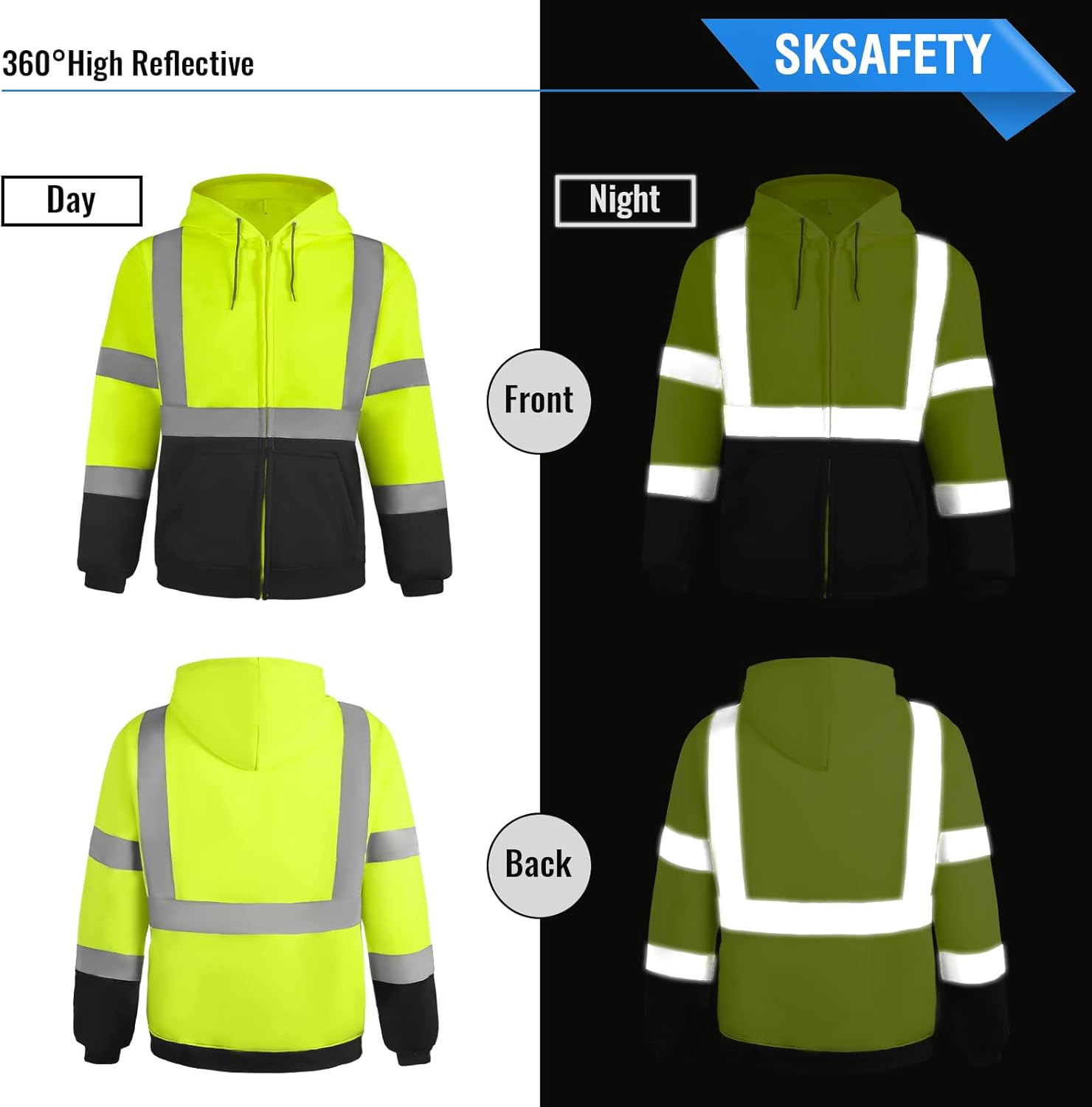 SKSAFETY Hi Vis Work Safety hoodies for Men - Class 3 High Visibility Reflective Hoodie Jacket, High Vis Zipper Hoodie with Black Bottom, Construction Sweatshirts with Pockets - Image 3