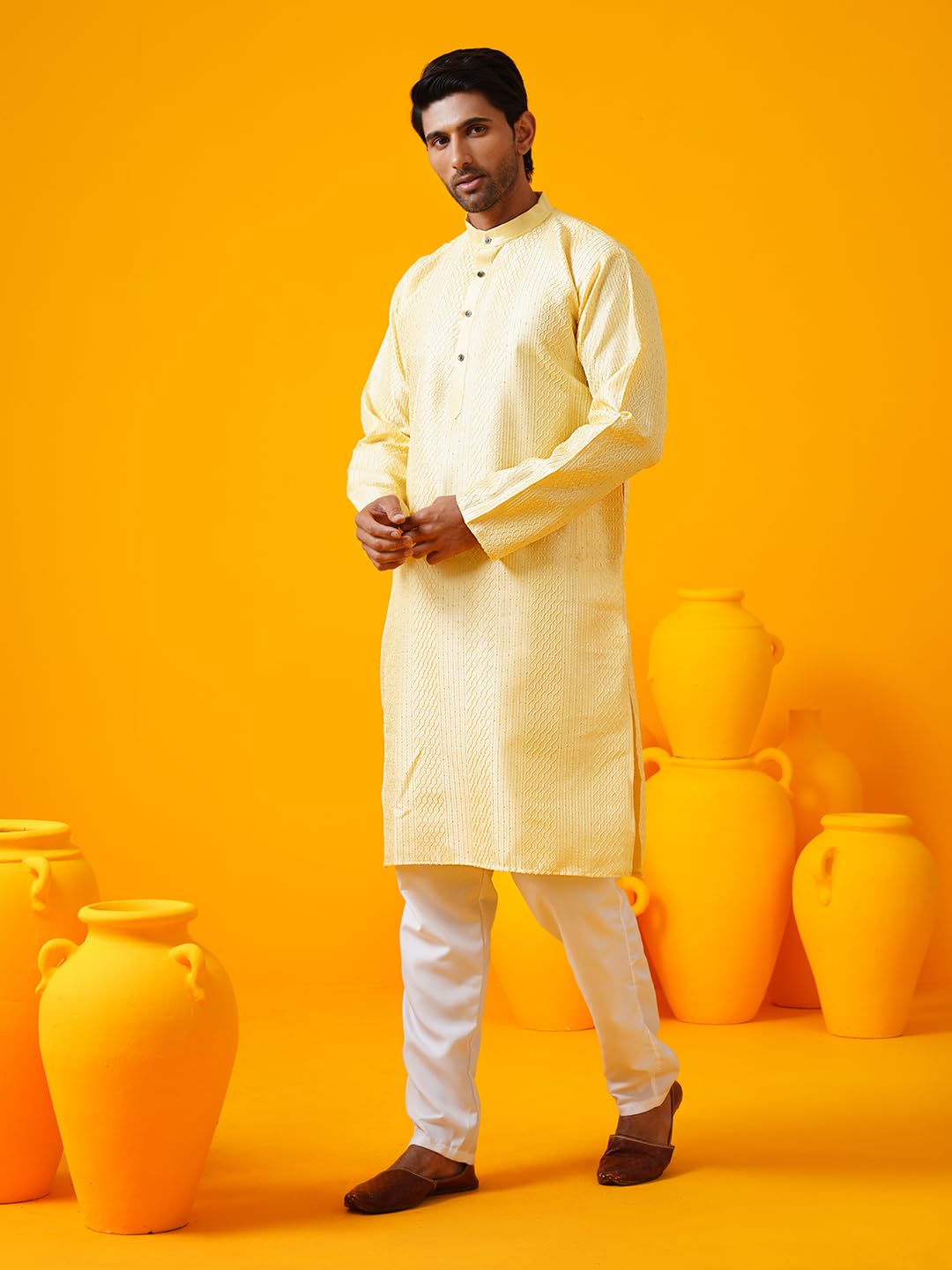Sojanya (Since 1958 Men's Silk Bend Krochet Thread Embroidered Yellow Kurta With White Pyjama