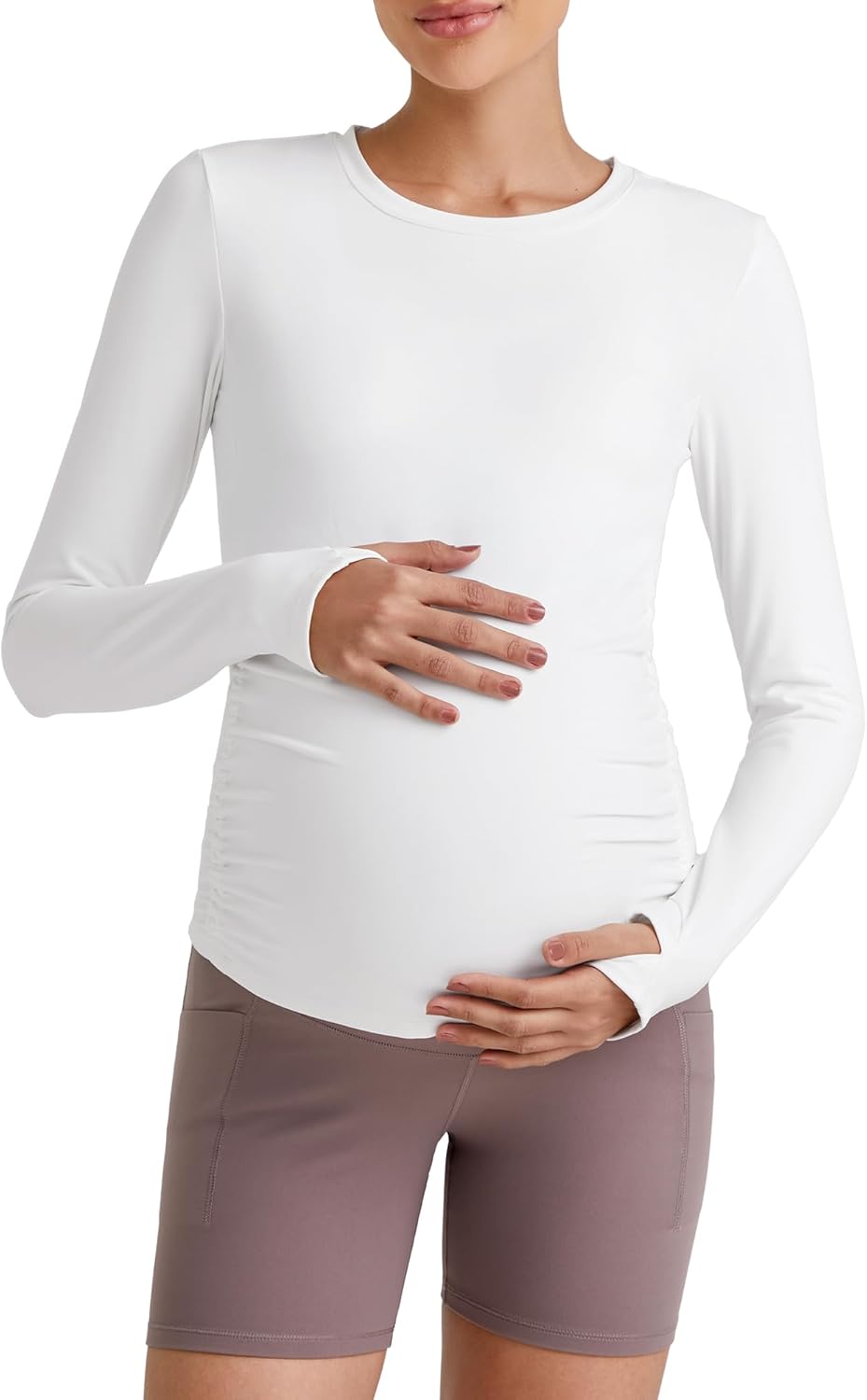 G4Free BareFeel Maternity Long Sleeve T Shirts Crewneck Ruches Pregnancy Workout Tops with Thumbholes Altheltic Yoga Tee