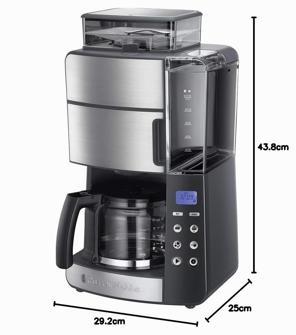 Russell Hobbs Kaffeemaschine mit Mahlwerk Glaskanne [Digitaler Timer, Brausekopf für opt. Extraktion & Aroma] Grind&Brew (1 bis 10 Tassen, 3-stufige Mahlgradeinstellung) Filterkaffeemaschine 25610-56