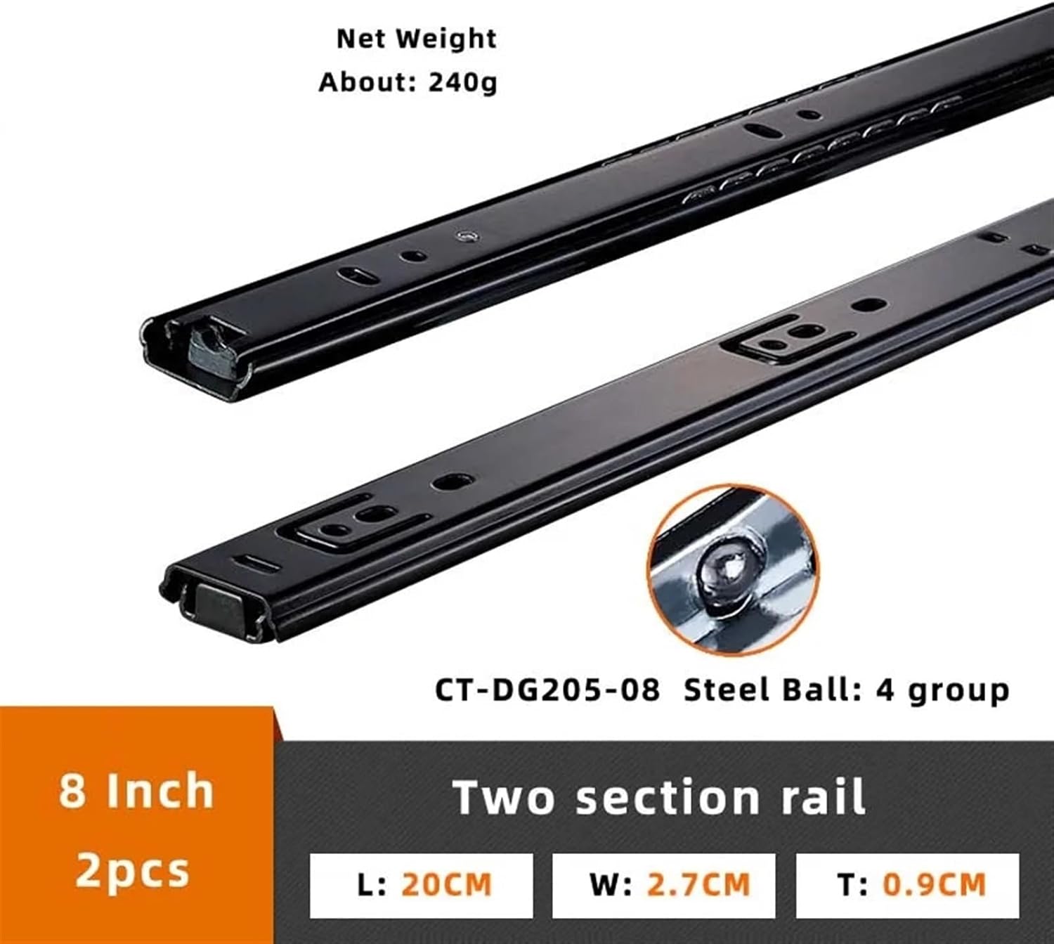 8~20Inch Cold Rolled Steel Drawer Slides Close Drawer Track Rail Sliding Two-Section Cabinet Slides Furniture Hardware(DG205 8 Inch)