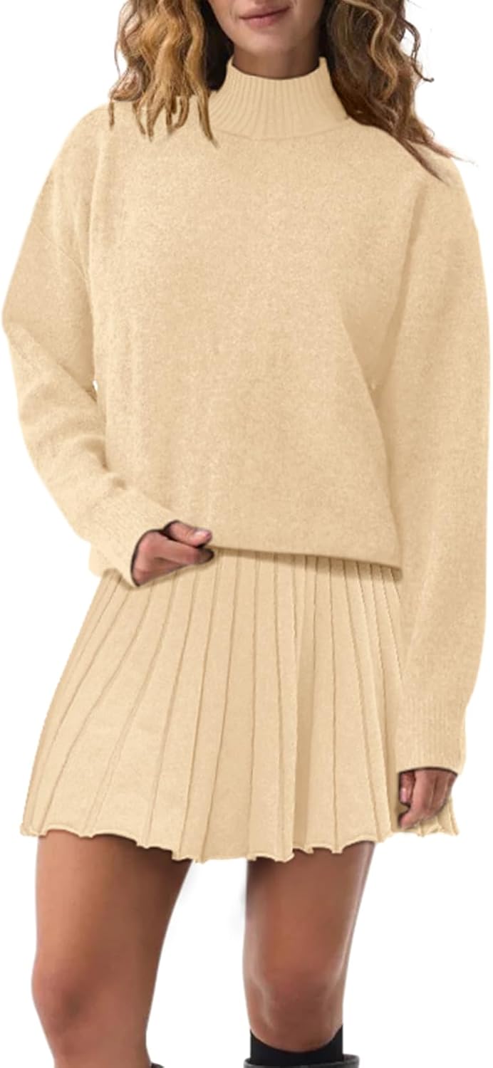 Women's Two Piece Outfits Turtleneck Long Sleeve Ribbed Knit Tops Pleated Mini Skirt 2026 Casual Sweater Sets - Image 6