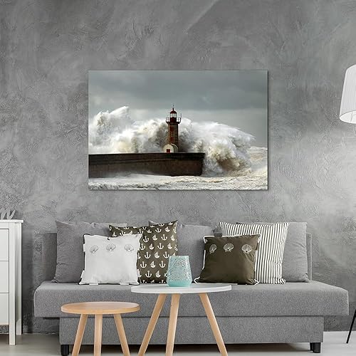 Miniatura 4 de Hardy Gallery Faro de pared de arte costero decoración de pared de ondas, obra de arte costera, impresión náutica del océano en lienzo de playa,