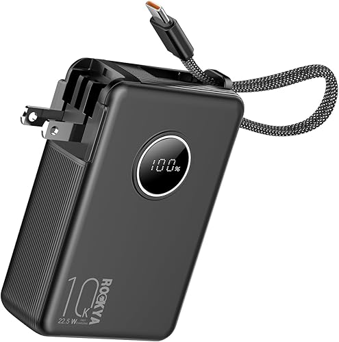Cargador portátil con cables integrados y enchufe de CA plegable, USB C PD 22.5 W, batería de carga rápida de 10000 mAh, banco de energía de