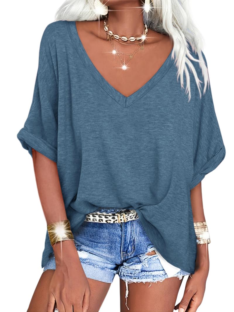 Langwyqu Women's Oversized T Shirts V Neck Short Sleeve Summer Casual Loose Tops Tees