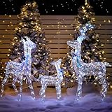 Ultym 3-Piece Iridescent Christmas Deer Outdoor Decorations, 4.5ft Reindeer Family Set Outdoor Lighted Display with 350 LEDs, 2025 Upgraded Rattan, Stakes & Zip Ties for Long-Lasting Yard Garden Decor