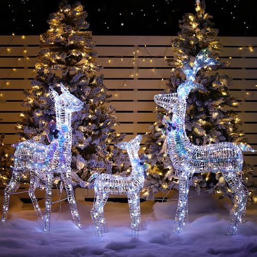 Ultym 3-Piece Iridescent Christmas Deer Outdoor Decorations 4.5ft Reindeer Family Set Outdoor Lighted Display with 350 LEDs 2025 Upgraded Rattan Stakes & Zip Ties for Long-Lasting Yard Garden Decor