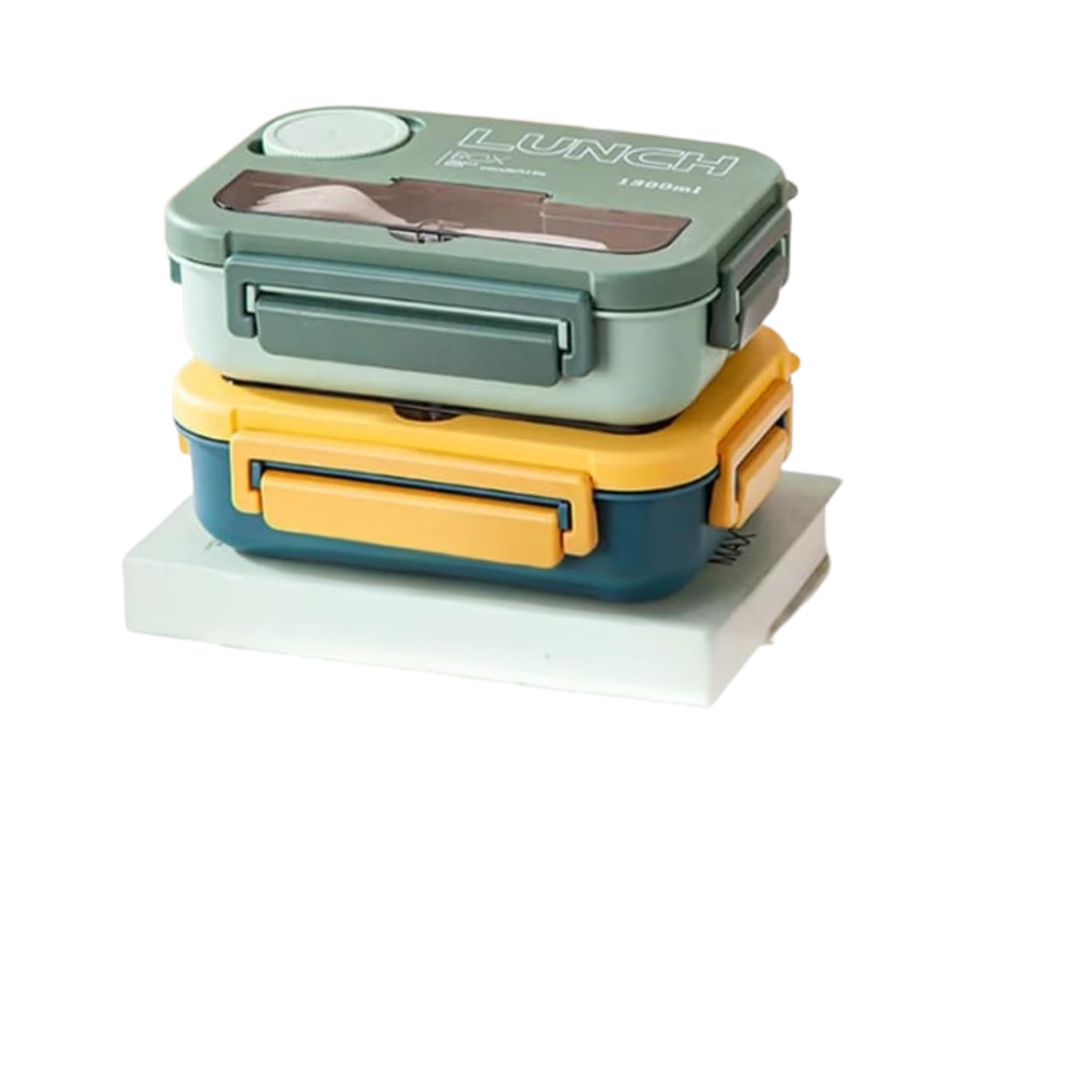 SNAXU RSM Lunch Box 1300ML, Leakproof Bento Lunch Box with 4 Compartments, BPA Free Lunch Box Adults, Sandwich Box, Meal prep containers for, Office, Work, Picnic & Travel ((Yellow)+(Green) 2pcs)