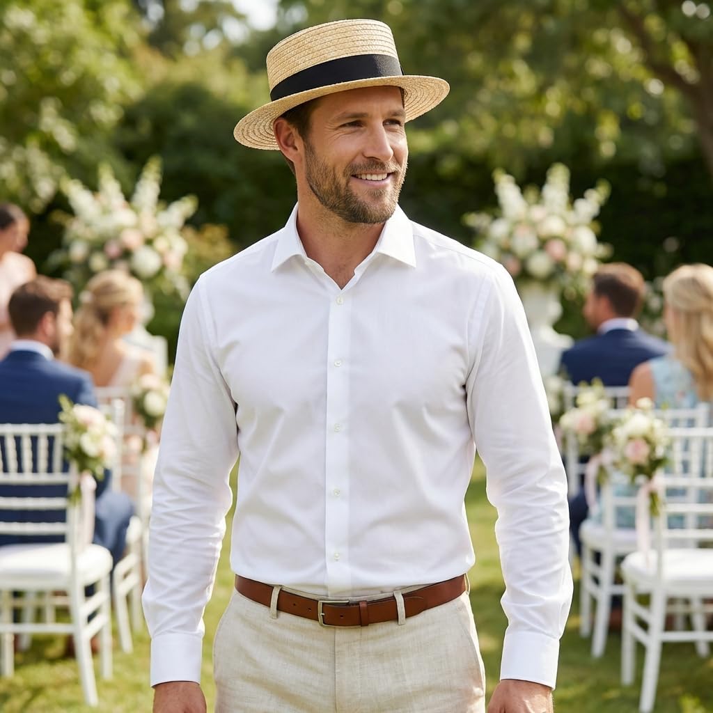 Classic Natural Straw Boater Hat Men Women Handmade Skimmer Hat Vintage Flat Top Hat Panama Style 20s Costume Party