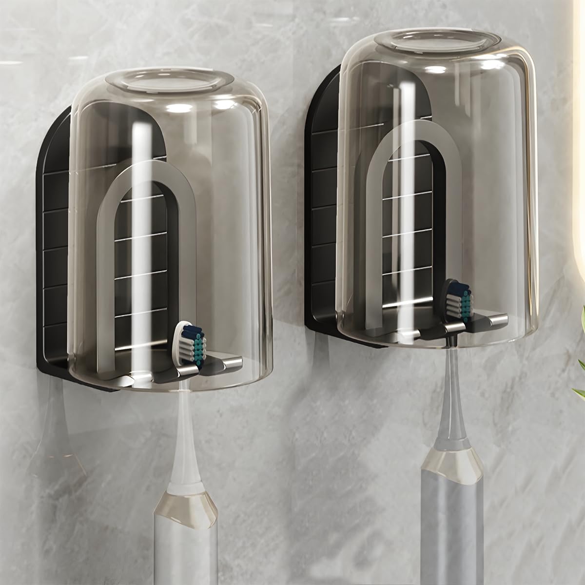 2Pcs Toothbrush Cup Holder Set – Bathroom Toothbrush Organizer with Toothbrush Cup - Self Adhesive Wall-Mounted(Black)