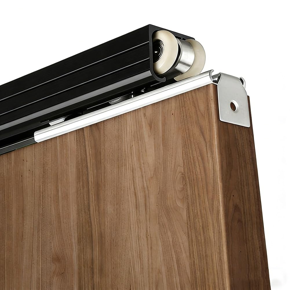 Kit de riel de puerta corredera de techo doble, sistema invisible de puerta corredera para armario, muebles, riel de aluminio y rodillos de acero, kit de herrajes de funcionamiento suave