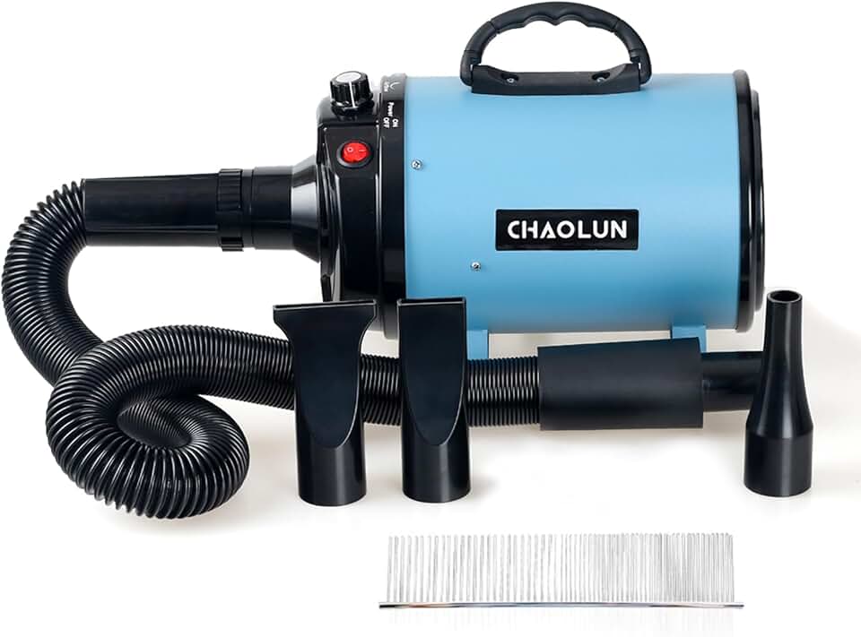 用於寵物美容的狗吹風機，高速寵物吹風機，帶加熱器，速度可調，3 個噴嘴和梳子，藍色