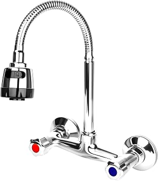 Brass Wall Mixer with Two Handles 360  Rotatable Hot and Cold Water Switch Wall Tap Kitchen Faucet 2 Modes Water Drain for Kitchens etc