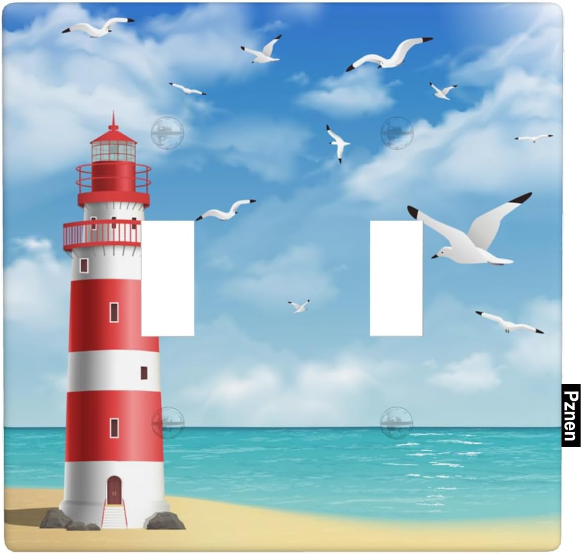Lighthouse Double Toggle Light Switch Cover Beach Seagull Blue Sunny Sky Clouds Coastal 2 Gang Wall Plate Decorative Faceplate Electrical Switchplate Bathroom Bedroom