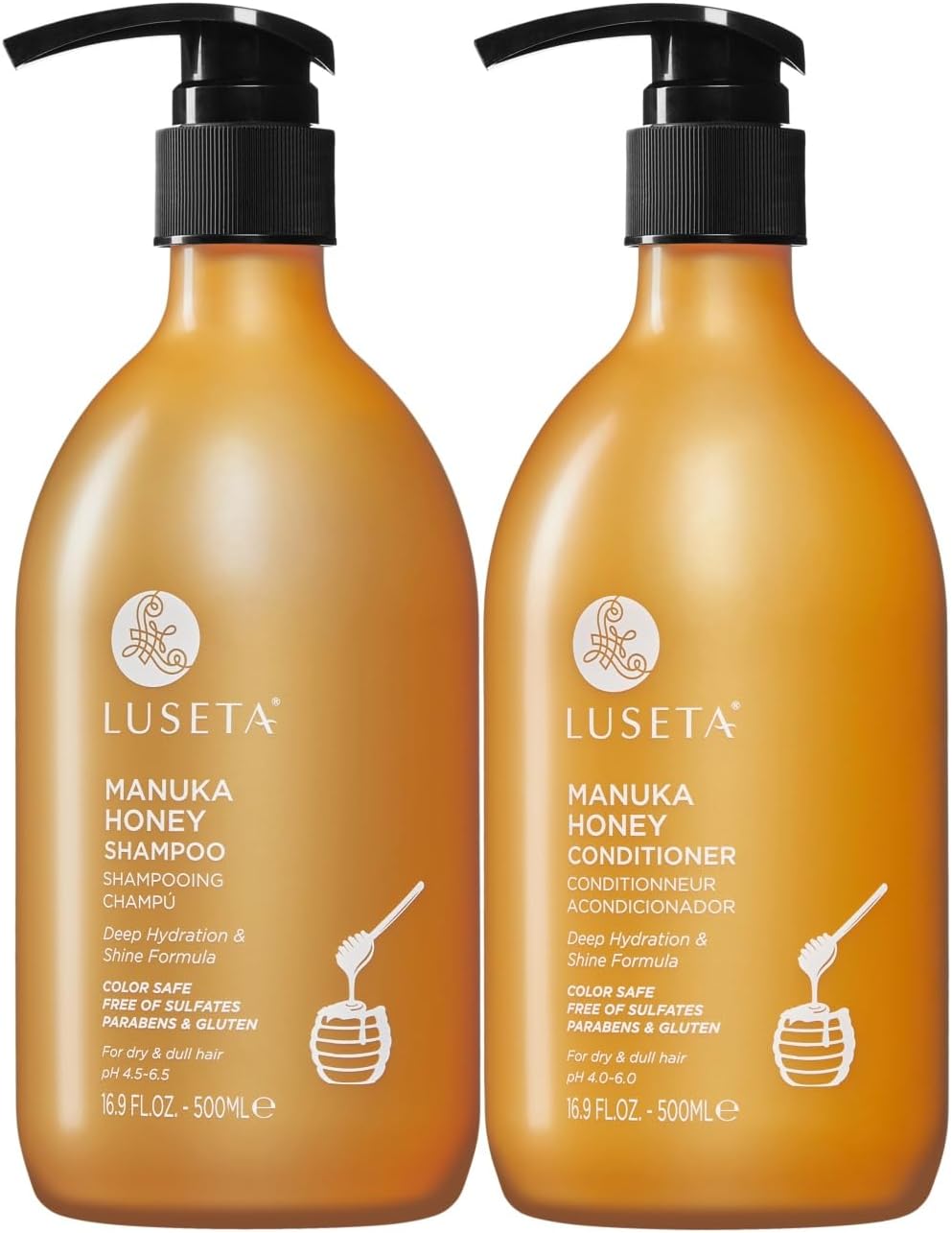Luseta Manuka Honey Shampoo & Conditioner Set Hydrating and Moisturizing for Dry, Damaged and Dull Hair Restores Shine 500mlX2