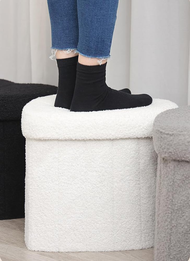 Upholstered Ottoman with Storage,Heart Shaped Foot Stool Collapsible Footrest for Living Room Bedroom,Fluffy Plush Padded Seat Soft Ottoman Box with Lid (Khaki)