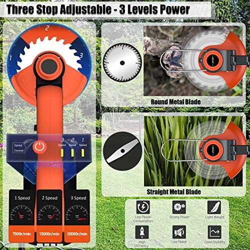 Grass Trimmer Cordless with Metal Blade Battery and Charger, Powerful Garden Strimmer Rechargeable Lightweight Electric Lawn Mower with Heavy Duty Blades, Adjustable Telescopic Handle