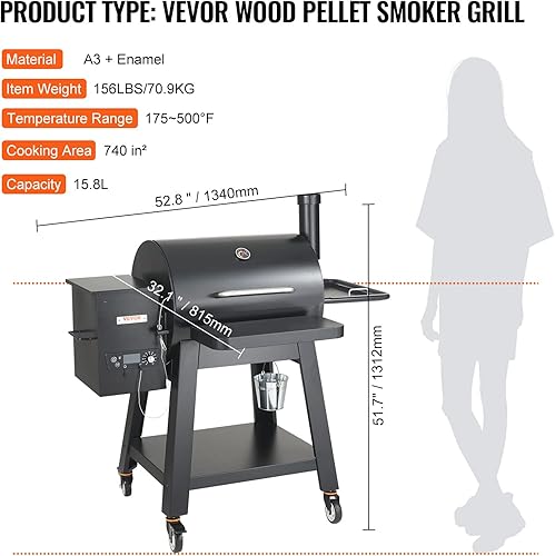 Miniatura 7 de VEVOR Parrilla ahumadora, parrilla portátil de pellets de madera con carro, parrilla de barbacoa 8 en 1 con control de temperatura PID para cocinar