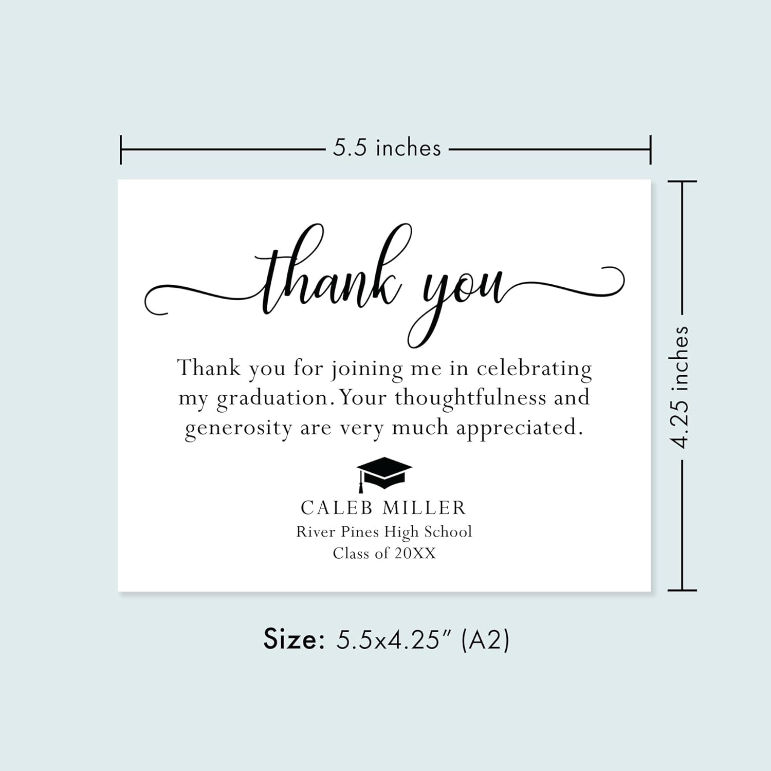 Graduation Thank You Cards Personalized with Name, 5.5x4.25 Black and White Thank You Note Cards, Envelopes Included (Flat Notecard)