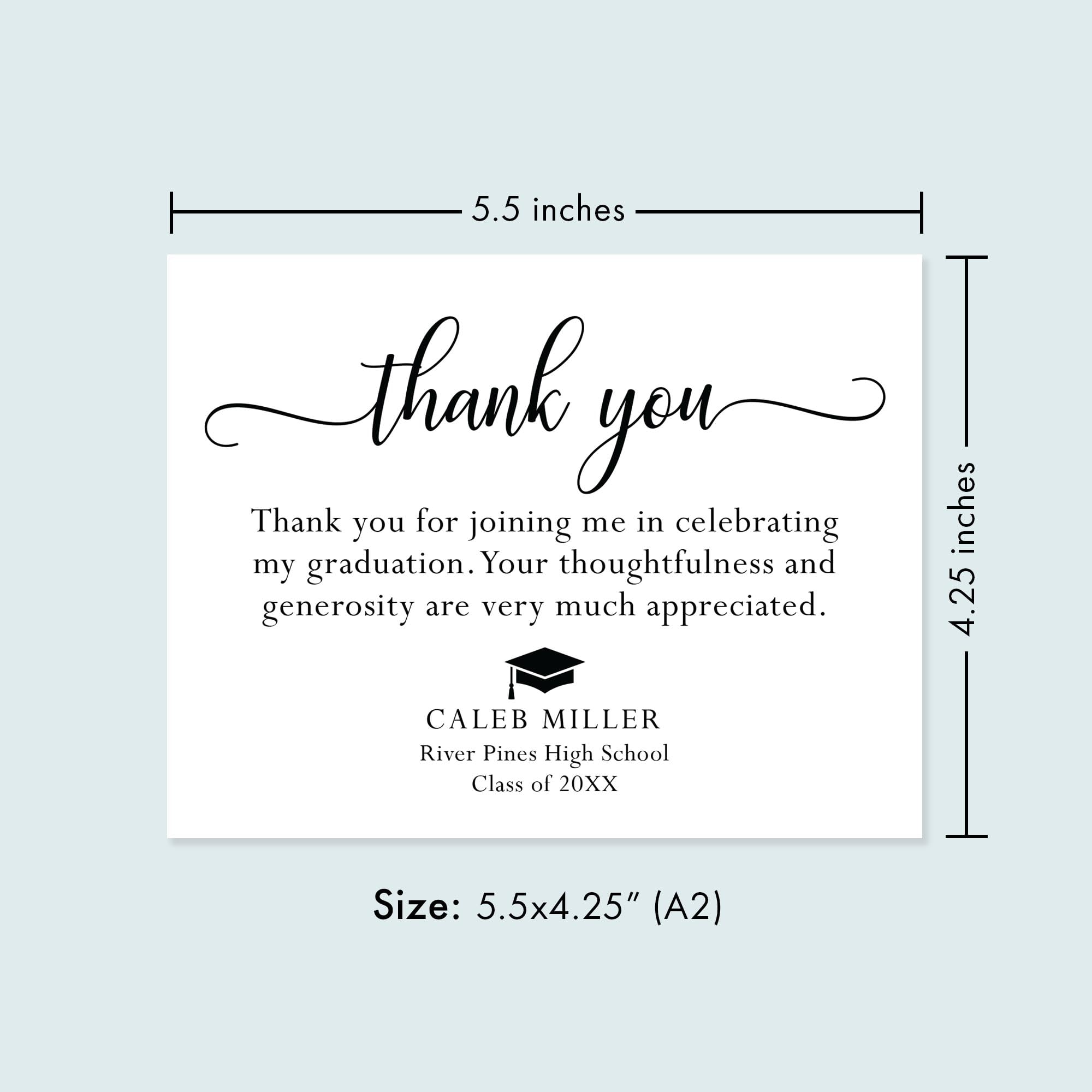 Amazon.com : Hello Love Goods Graduation Thank You Cards Personalized with  Name, 5.5x4.25 Black and White Thank You Note Cards, Envelopes Included  (Flat Notecard) : Office Products
