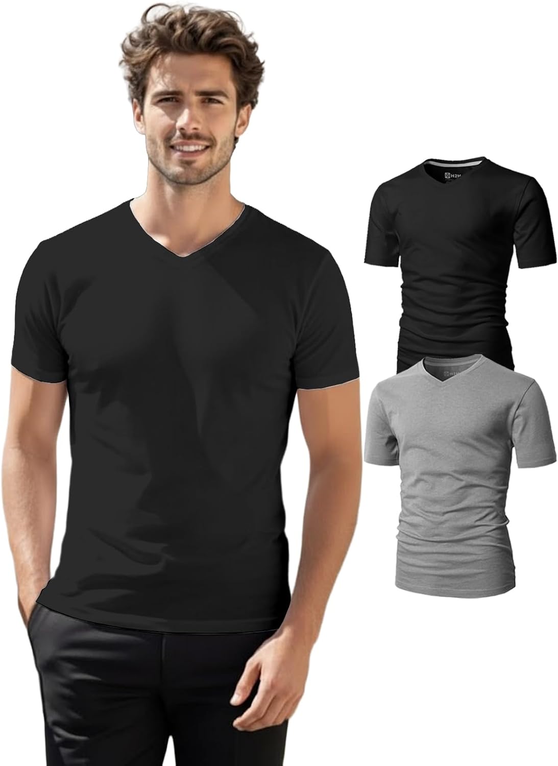 H2H Mens T-Shirts - Plain Novelty Slim Short Sleeve Cotton Blend (V Neck/Crew Neck) Multipack Size XS to 3XL