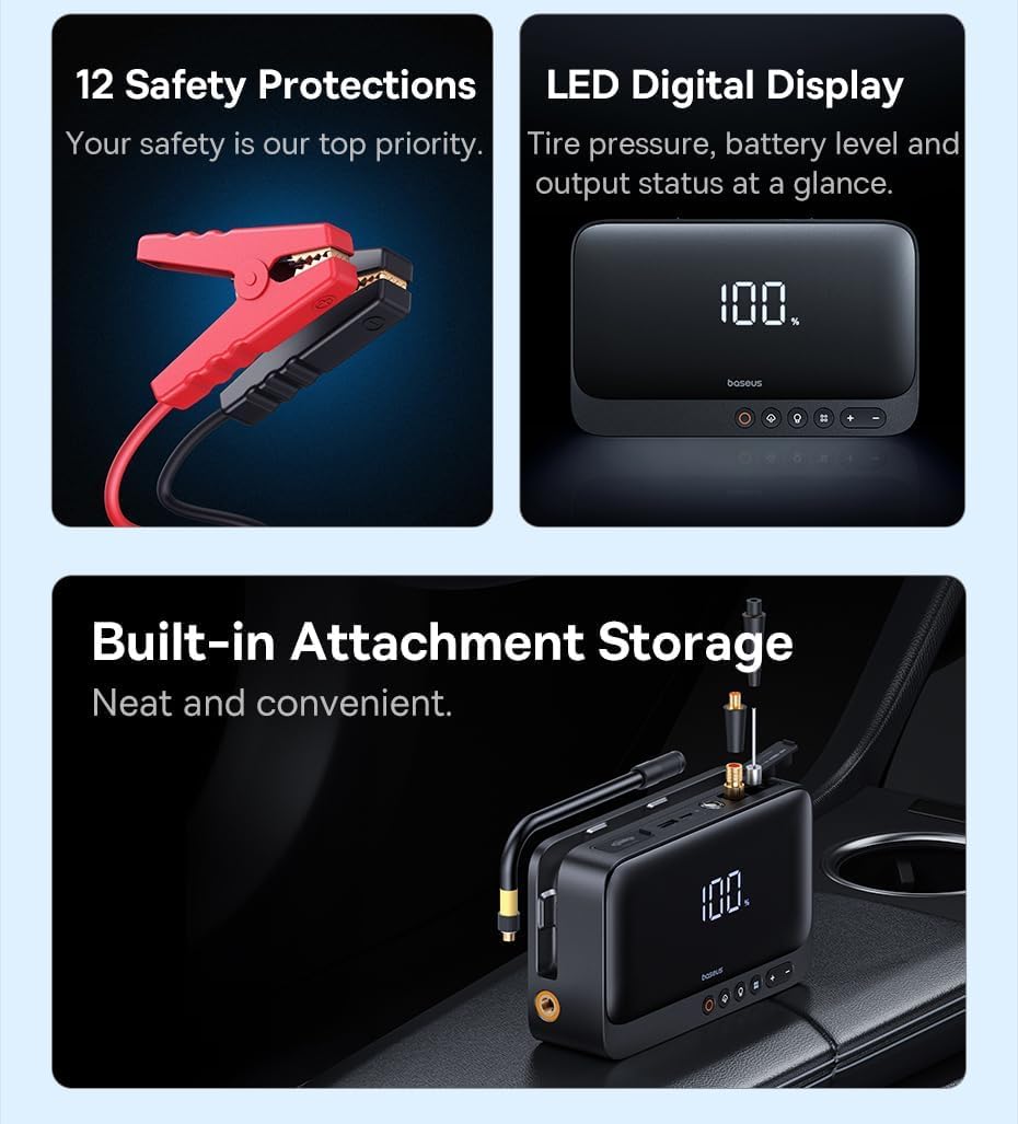 Nærbillede af smart jumpstarter clamps med sikkerhedsfunktioner.