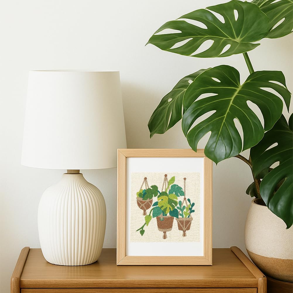 DOODLREAM Monstera Deliciosa DIY Punch Needle Embroidery Kit for Adult Beginner, 9.4" Potted Plant Leaf Punch Stitching Craft Set for Starter with Frame,Fabric Pattern,Threader, Yarn, Pinch Needle