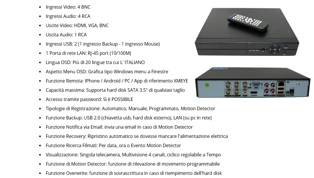 RVT-AHD26104 DVR NVR 4 Canali CH 3.0 MP / 1080P 5 IN 1 PER SISTEMI DI VIDEOSORVEGLIANZA 12 CANALI IN MODALITA' NVR