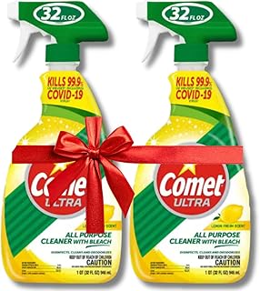 Comet Ultra All-Purpose Cleaner with Bleach and Disinfectant Spray, Lemon Fresh 32oz (2-Pack) Bundle Cleaning Gloves, Brush, and Multipurpose Miracle Cleaning Cloths (4 Items)