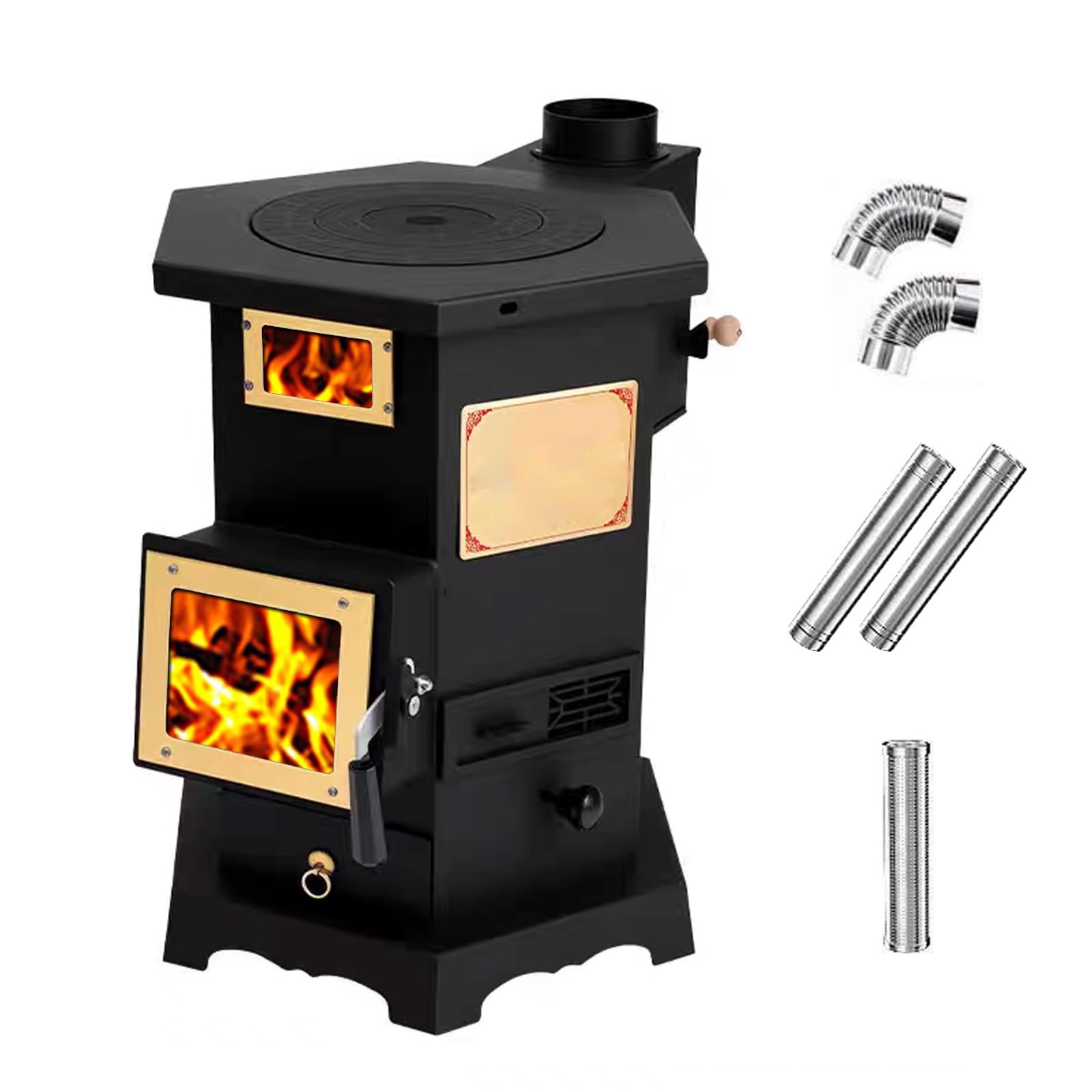 Stufa a Pellet, Stufa a Legna con Camino e Forno, Rivestimento Interno In Ghisa, per Riscaldare Cabine e Tende
