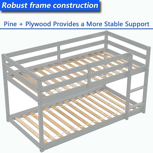 Miniatura 7 de Anwick Litera baja de tamaño individual sobre individual con escaleras y rieles, marco de literas de madera con barandilla de seguridad y listones