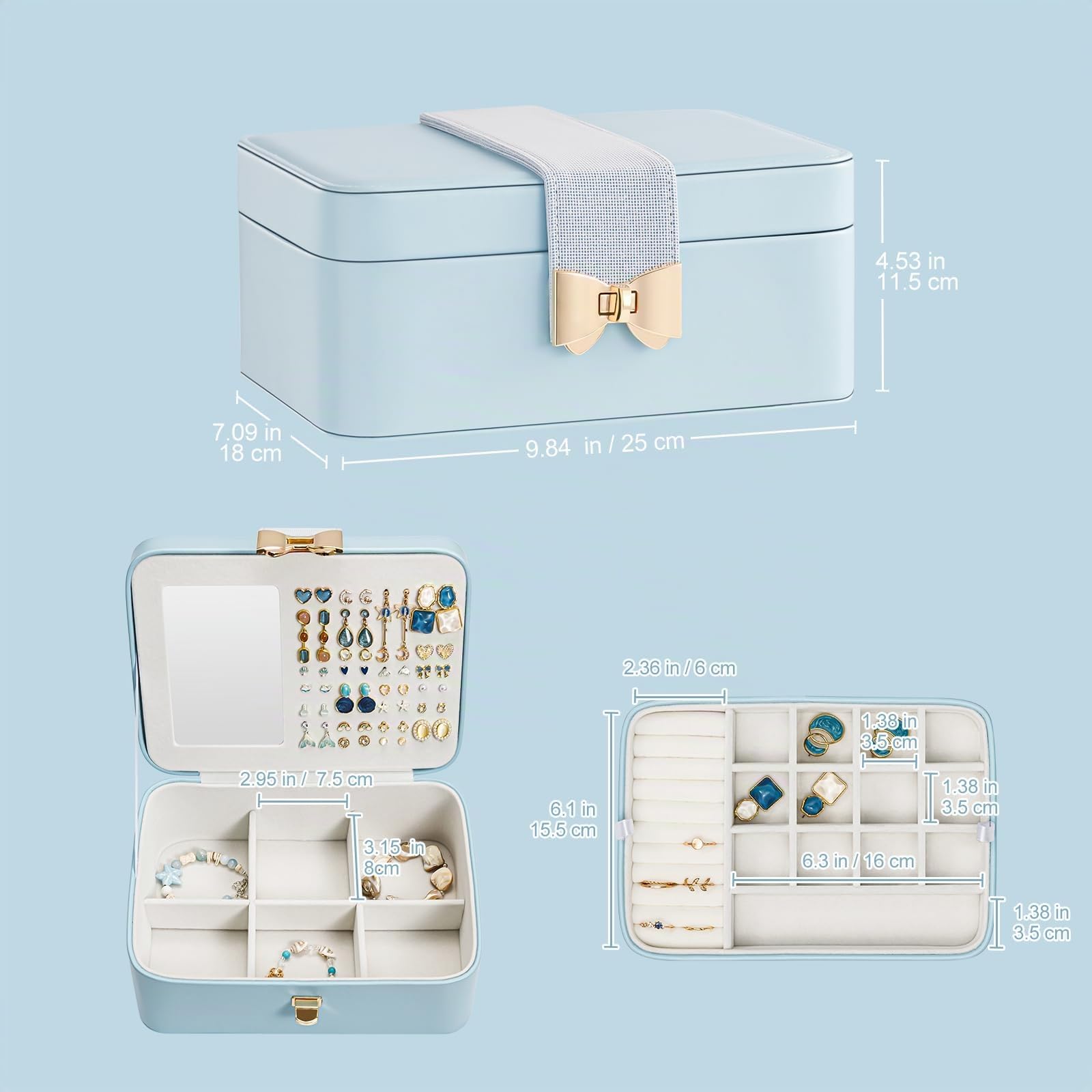 Lolalet Boîte Bijoux Fille, Rangement Bijoux PU Cuir à 4 Couches avec Miroir, Range Bijoux pour Colliers, Boucles d'oreilles, Bracelets -Bleu