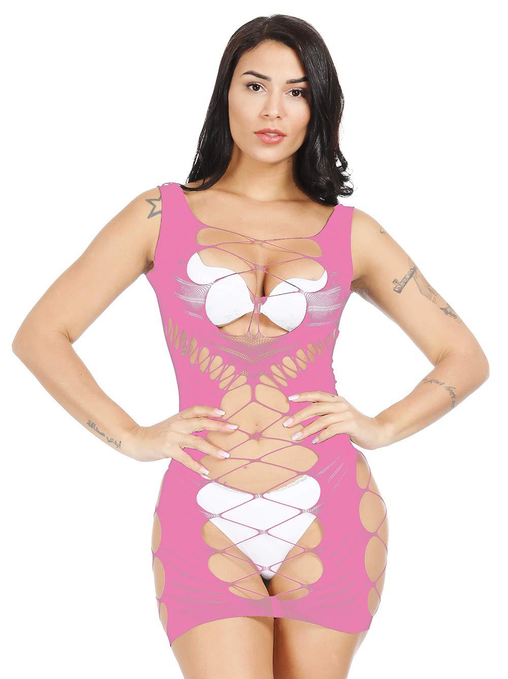 LemonGirl Women Fishnet Bodystockings Lingerie Bodysuit Stockings Dress One Size Pink