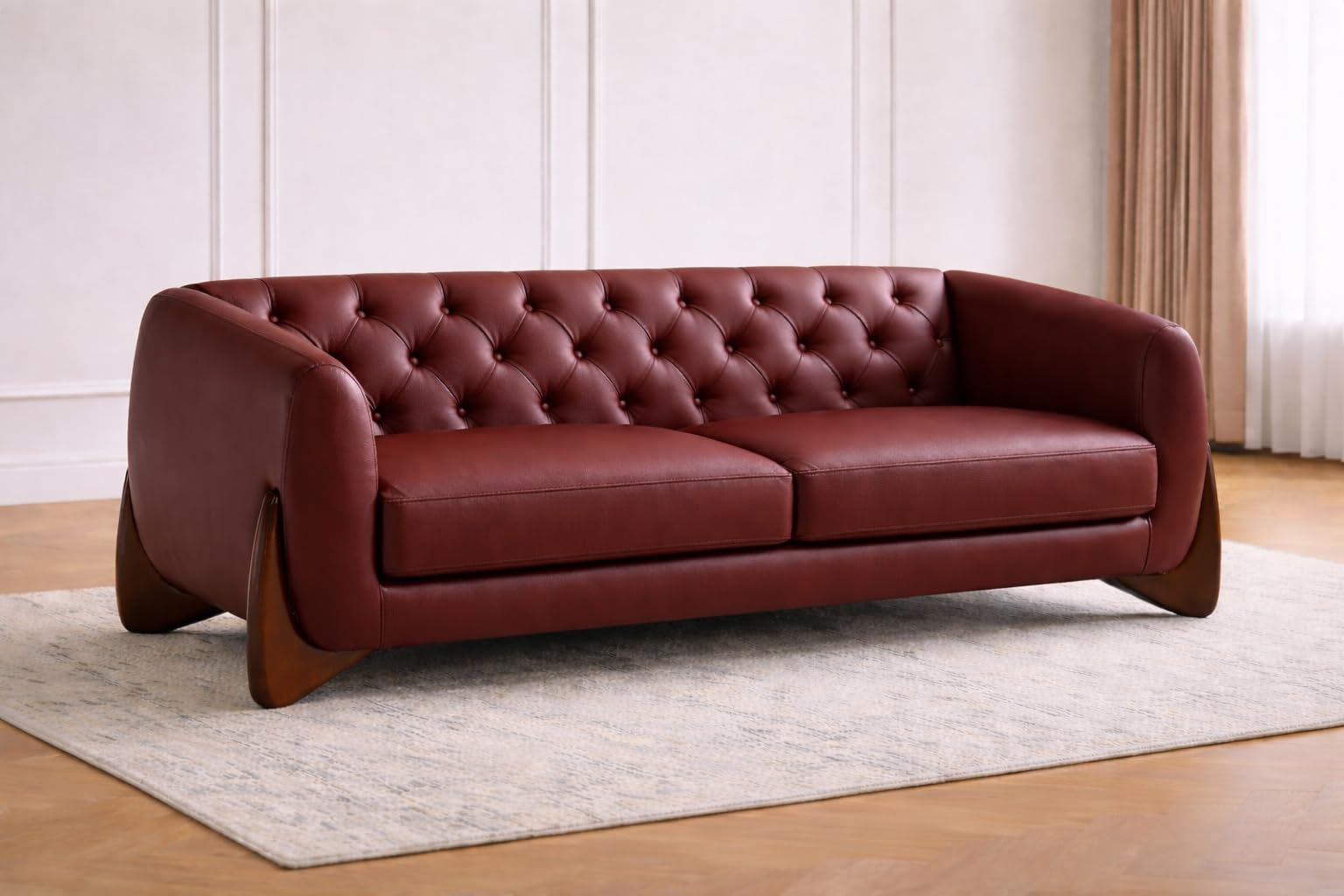 EMREAN Leatheratte Tufted Sofa and Armchair Set with Walnut Legs | 3-Seater 198x81x66 cm, Armchair 86x81x66 cm, Button-Tufted Back, Walnut Wood Base, Living Room Set-image-1