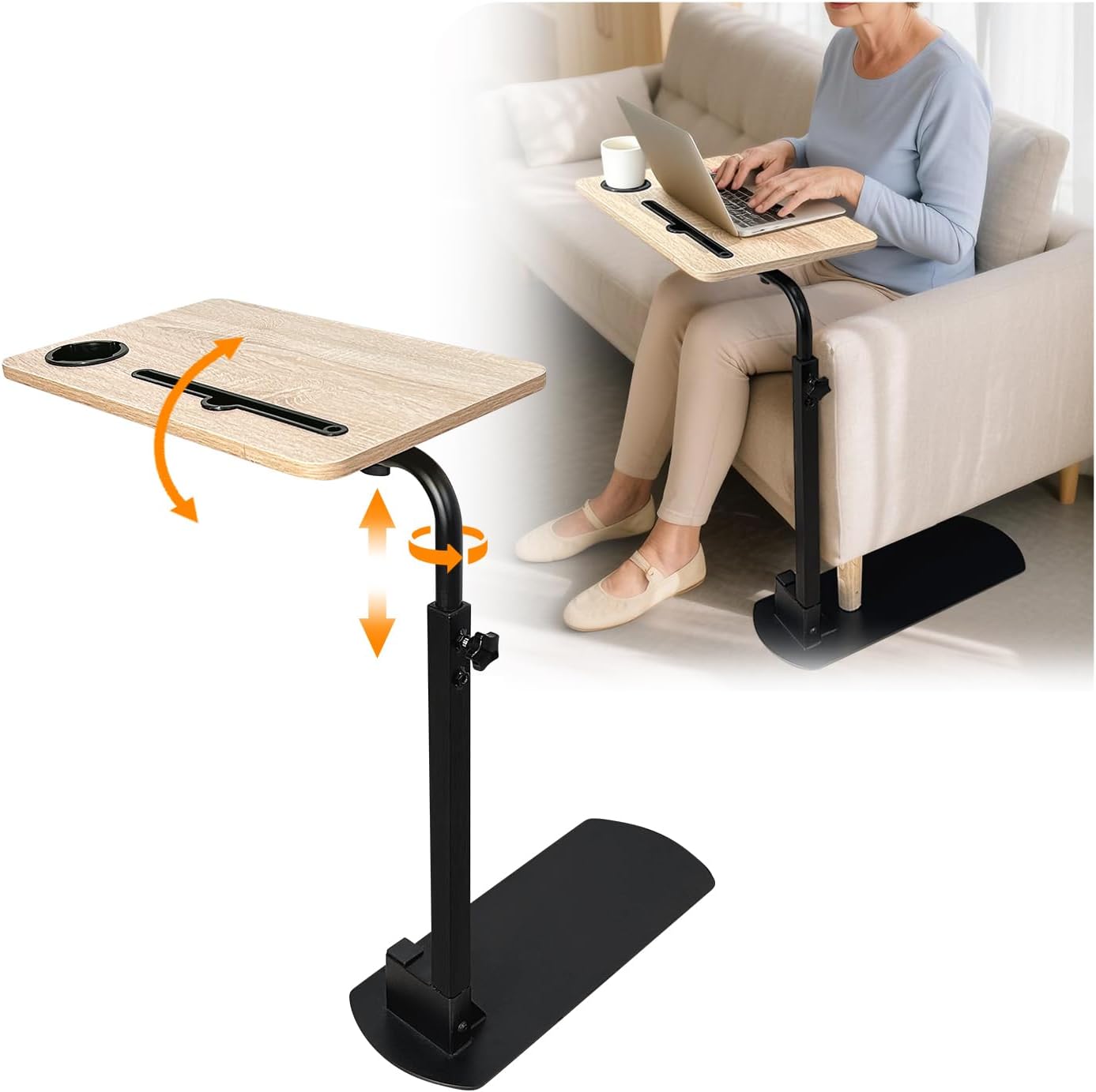 Mybow Swivel TV Tray Table for Recliner & Couch - 360° Rotating & Lockable Laptop Stand with Adjustable Tilt Top - Weight-Anchored Base Side Table for Eating, Working & Elderly (Black)