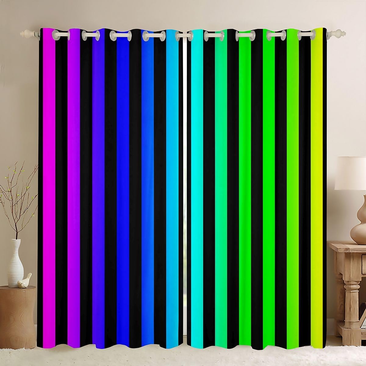 Feelyou Purple Blue Green Curtain for Kids Boys Girls Abstract Stripes Window Drapes (2 Panels, 38 x 45 Inch) Geometric 30%-50% Blackout Shades Bedroom Decor Breathable Soft Microfiber Modern