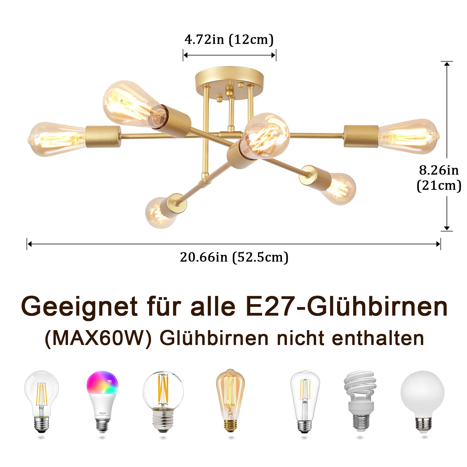 6-flammige Gold Sputnik Deckenlampe, Metall Modern E27 Wohnzimmer | Offene Konstruktion Reduziert Schattenbildung, Dimmbar Deckenleuchte Schlafzimmer, 220V, Max 60W, für Küche, Flur, Essbereich