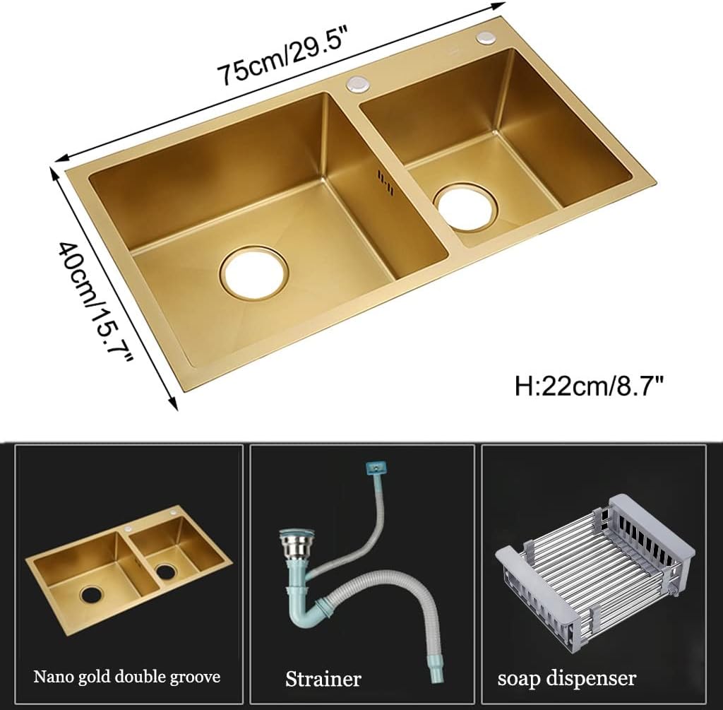 Double Bowl Kitchen Bar Sink Wet Bar & Prep Sink Rv Sink with Drain Basket & Drain Top Mount or Undermount/Gold/78 * 43 * 22Cm,Gold-75 * 40 * 22Cm