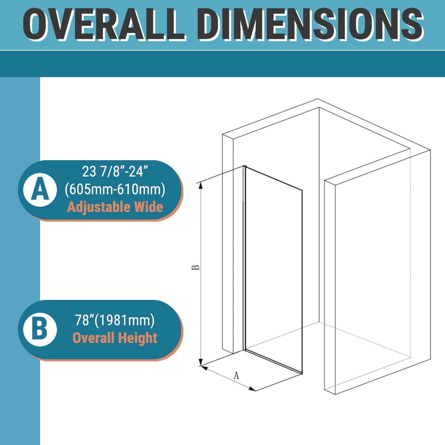Sunrosa 24"×76" Shower Glass Panel,8mm Thick Glass Shower Panel,Brushed Nickel Semi-Frameless Bathroom Shower Glass, Easy to Clean
