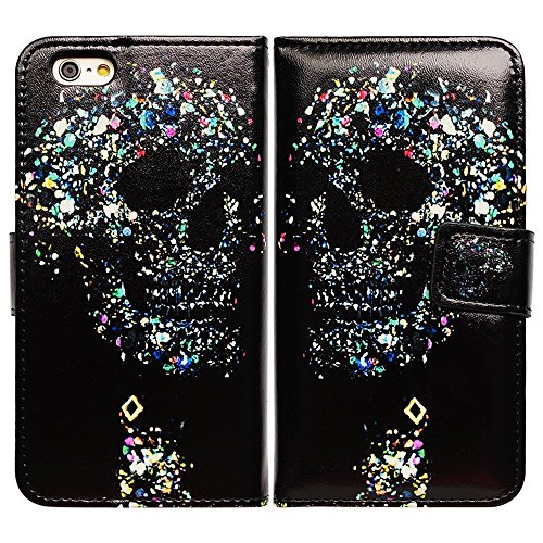 Bfun Packing Colorful Skull Black Card Slot Wallet Leather Cover Case for iPhone 6 Plus/6s Plus