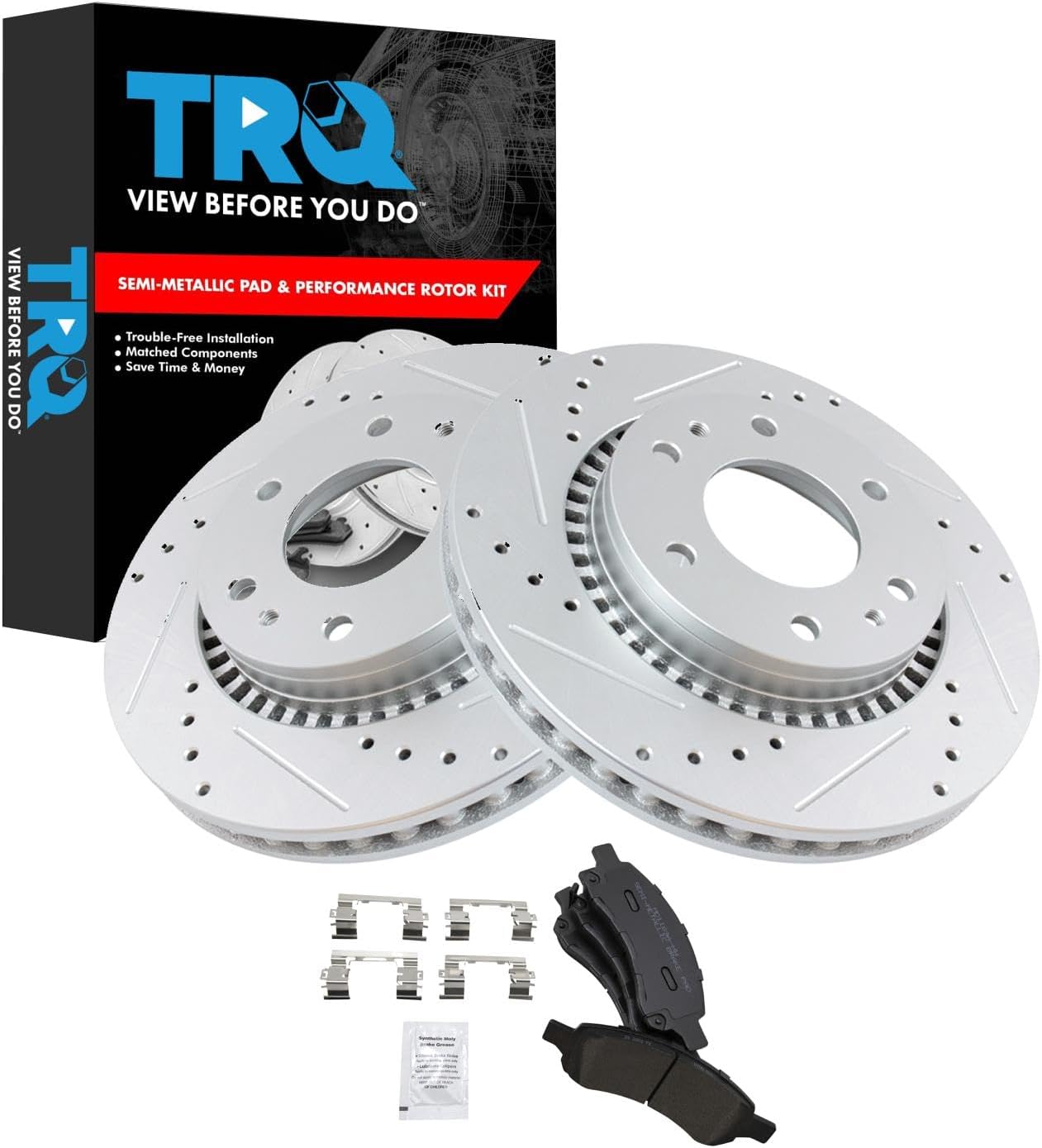 TRQ Performance Drilled Slotted Brake Rotor & Metallic Pad Front Kit GM SUV